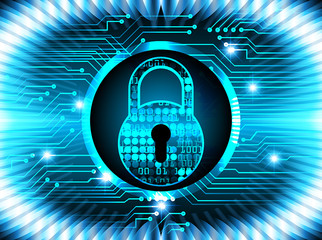 Closed Padlock on digital background, blue cyber security, jey