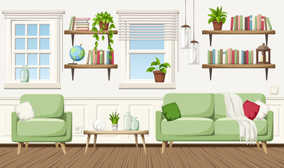 Vector cozy living room interior with a sofa, an armchair, a table and bookshelves.