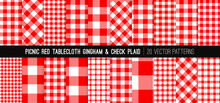 Red Gingham And Tartan Check Plaid Vector Patterns. Picnic Tablecloth Textures. Food Packaging, Take Out Meal Delivery Menu Backgrounds. Pattern Tile Swatches Included.