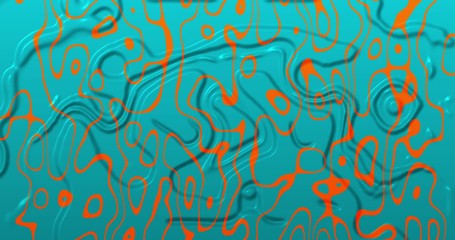 Animation of multiple 3d turquoise and orange glowing liquid shapes waving swirling and flowing smoothly