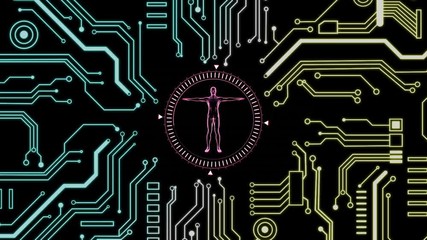 Wall Mural - animation of a 3d human body model spinning with microprocessor connections
