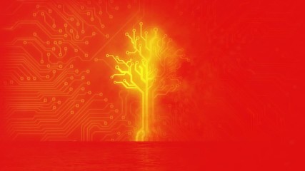 Wall Mural - animation of a yellow, neon tree with microprocessor connections on red background