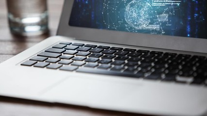 Animation of a laptop showing a web of connections on the screen