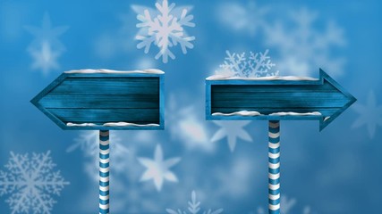 Wall Mural - animation of white snowflakes falling with two arrow direction signs pointing in opposite directions