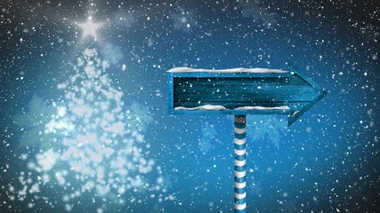 Wall Mural - animation of a christmas tree shape of lights with an arrow direction sign and snow falling
