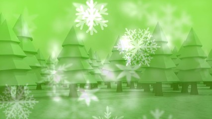 Wall Mural - animation of snowflakes floating with a field with christmas trees on a green background