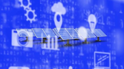 Wall Mural - animation of technology media icons and data moving on purple background with solar panels