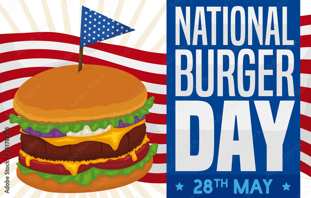 Delicious Cheeseburger with Patriotic Toothpick and Design for National Burger Day, Vector Illustration - obrazy, fototapety, plakaty 