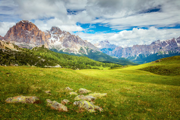 Wall Mural - Mountain green valley landscape, summer day in Dolomites Alps