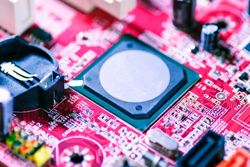 Poster - Computer chip in the motherboard, closeup shot, top view.