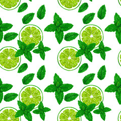  Lime and mint leaves on a white background. Summer seamless pattern design for wallpaper, paper, textile, fabric.