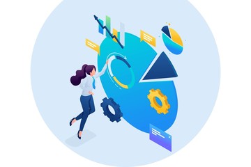 Aufkleber - Young girl in progress at work, graphic Research and charts. 3D isometric. Concept for web design