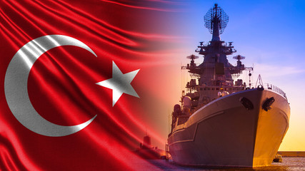 Wall Mural - Demonstration of ships and submarines of the Turkish army. Warship and submarine on the background of the flag of Turkey. Turkish fleet. Equipment of the army of the Republic of Turkey.