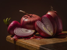 Juicy Onions, On A Wooden Table, With A Dark Background, Soft Light. Imitation Of A Dutch Kitchen Still Life. Mono Food.