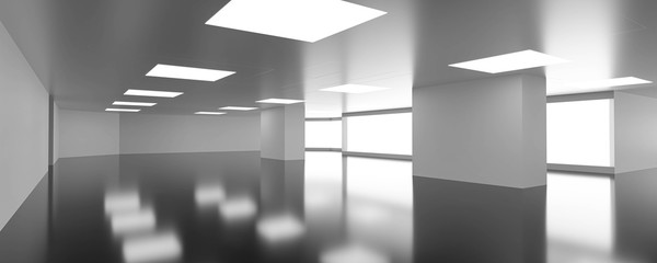 Poster - Empty white business office space room loft interior 3d rendering illustration sunny lighting with empty blank copyspace to add your content