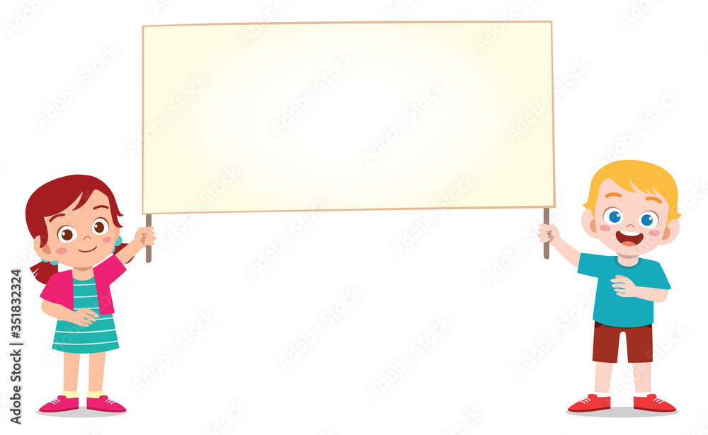 happy cute kid boy and girl holding blank banner Stock Vector | Adobe Stock