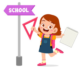 Wall Mural - cute little kid with school direction board