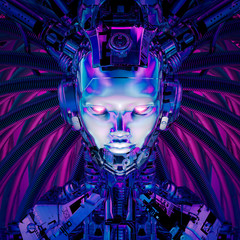 Wall Mural - queen of the datasphere / 3d illustration of science fiction female alien android artificial intelli