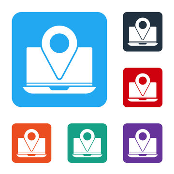 White Laptop with location marker icon isolated on white background. Set icons in color square buttons. Vector Illustration