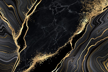 abstract black marble background with golden veins, japanese kintsugi technique, fake painted artifi