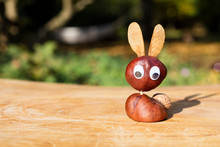 Funny Rabbit Shape Character Or Figurine Made With Chestnuts On A Wooden Background In A Sunny Day