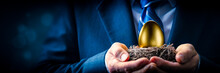 Hands Of Business Man Holding Golden Nest Egg - Investment Concept