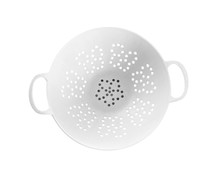 New Plastic Colander Isolated On White, Top View. Cooking Utensil