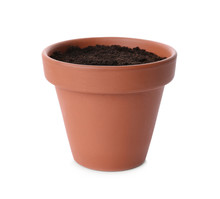 Stylish Terracotta Flower Pot With Soil Isolated On White