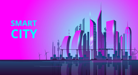 Fantastic smart city in the style of cyberpunk. Vector illustration in retro style in neon colors. Night city of the future. Banner templat.