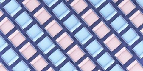 Seamless 3D pattern of chairs white blue and pink colors, 
ideal for background 