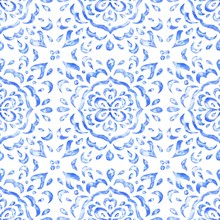 Hand Draw Blue Watercolour Seamless Pattern, Ornamental Repeating Background. Vintage Abstract Textile Illustration.