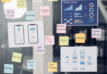 Poster - close up ux/ui prototype design and business strategy plan for develop mobile app on clear brainstorming white board in digital design agency company
