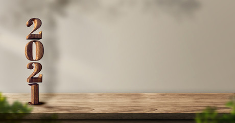 Fototapete - 2021 happy new year wood number (3d rendering) on wood table background with sunlight window create leaf shadow on wall with blur green plant foreground.panoramic banner mockup for display product