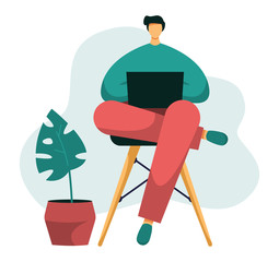 Flat vector illustration of a freelancer typing on his notebook. Young male working from home office with his laptop on his laps, distant employee while quarantine and isolation.