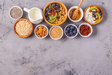 Wall Mural - Healthy breakfast ingredients, top view.