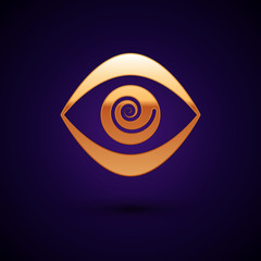 Poster - Gold Hypnosis icon isolated on black background. Human eye with spiral hypnotic iris. Vector