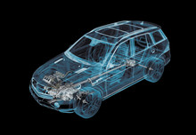 Technical 3d Illustration Of SUV Car With X-ray Effect And Powertrain System.