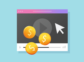 Poster - Video marketing money income or internet online promotion with pay per click technology vector flat cartoon icon, illustration of player window with cash profit modern design symbol image