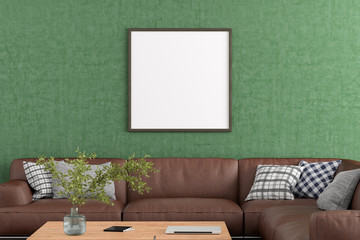 Sticker - Blank square poster frame on green concrete wall in interior of living room with clipping path around poster. 3d illustration