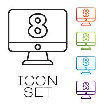 Black line 8 March on monitore icon isolated on white background. International Happy Women Day. Set icons colorful. Vector