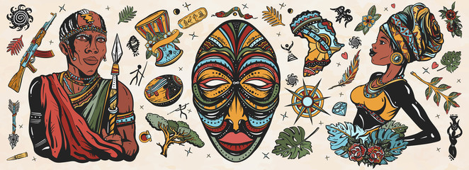  Africa. Old school tattoo vector collection. African woman in traditional turban, maasai warrior,  tribal mask, kalimba, map, drum. Tradition, people and culture. Ethnic afro girl and black tribe man