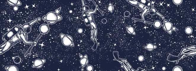 Wall Mural - Astronaut in deep space and universe. Seamless pattern. Diver floats in space, night sky background. Black and white surreal graphic