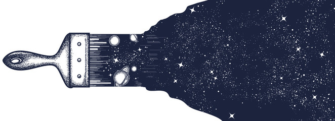 Wall Mural - Brush draws universe. Black and white surreal graphic. Symbol of space, universe,dream, imagination, creative idea art