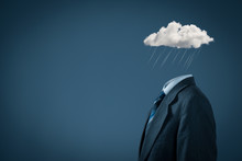 Businessman Feels Blue In Crisis (bad And Hard) Times. Sad And Depressed Feels, Mood And Emotion Represented By Color And Cloud With Rain Instead Of The Head.
