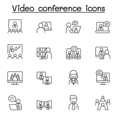 Wall Mural - Video conference icons set in thin line style