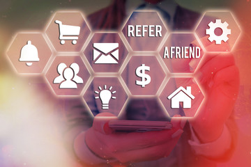 Poster - Word writing text Refer A Friend. Business photo showcasing direct someone to another or send him something like gift