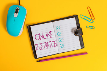 Fototapete - Writing note showing Online Registration. Business concept for System for subscribing or registering via the Internet Leather locked diary striped sheets marker mouse colored background