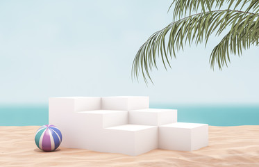 Poster - Natural summer beach backdrop with white stair and palm tree for product display. 3d summer scene. sea view.