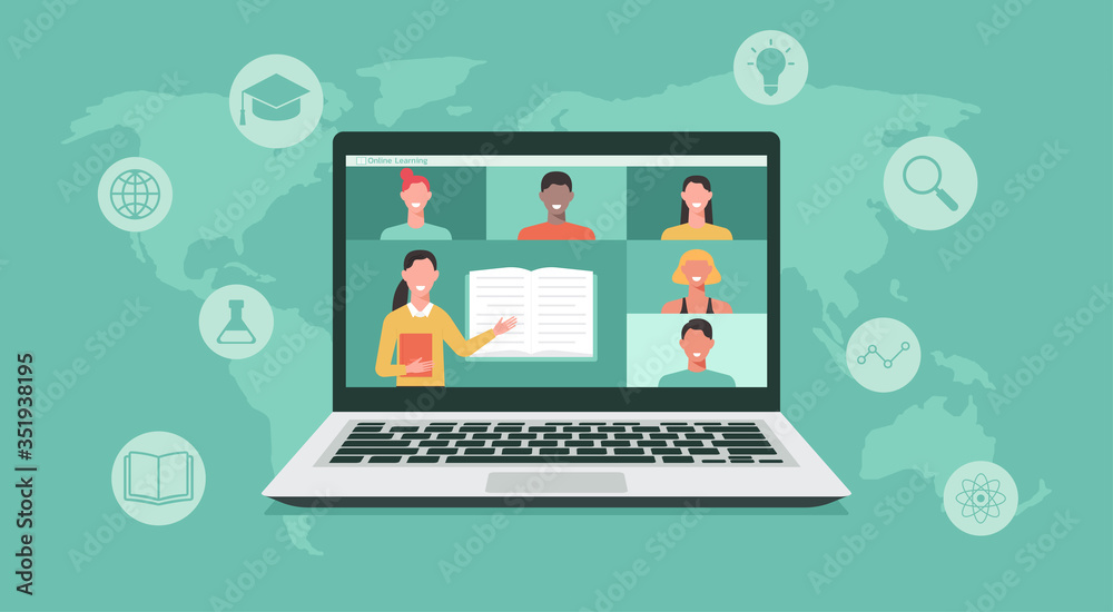online education or e-learning, home school, teacher teaching students on computer laptop screen, distance learning all over the world, online course concept, new normal, vector flat illustration - obrazy, fototapety, plakaty 