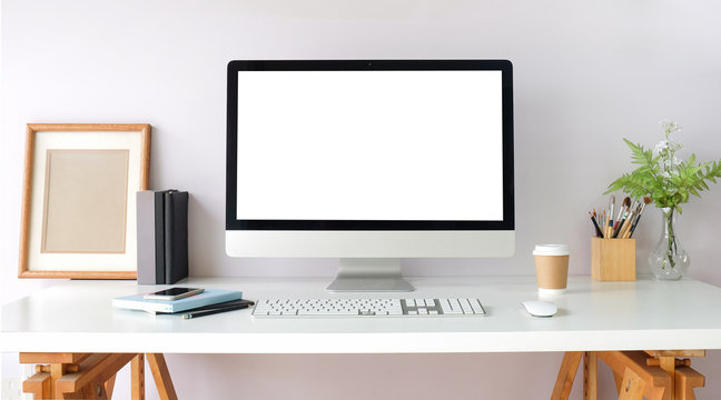 Workspace desk and laptop. copy space and blank screen. Business image, Blank screen laptop and supplies.